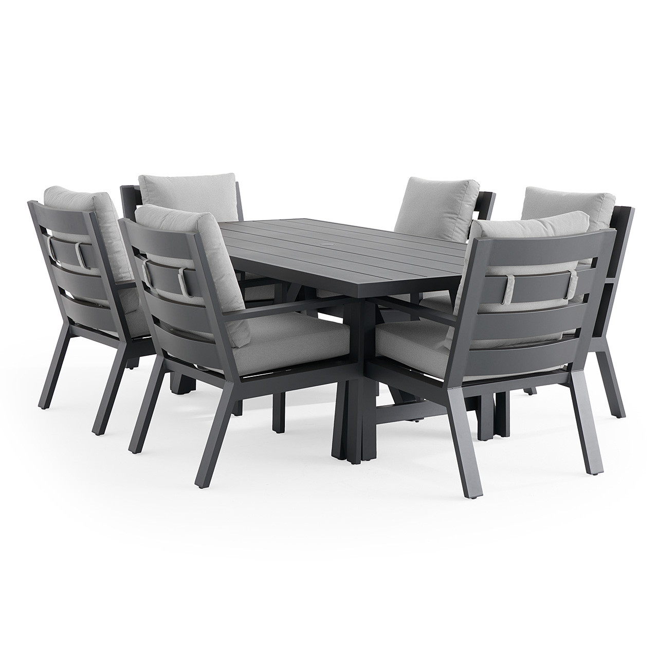 Montecito Charcoal Aluminum with Cushions 7 Piece Dining Set + 84 x 42 in. Table