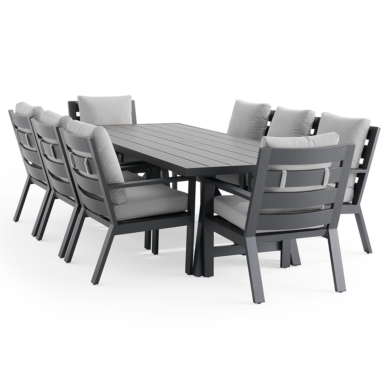 Montecito Charcoal Aluminum with Cushions 9 Piece Dining Set +100 x 40 in. Table