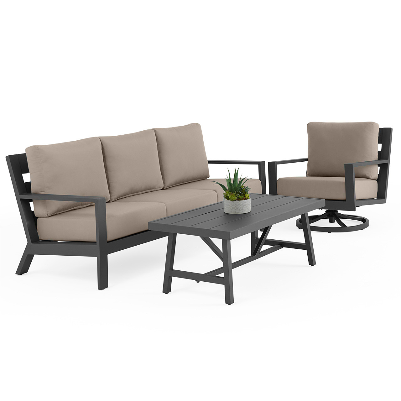 Montecito Charcoal Aluminum with Cushions 3 Piece Swivel Sofa Group + 48 x 26 in. Coffee Table