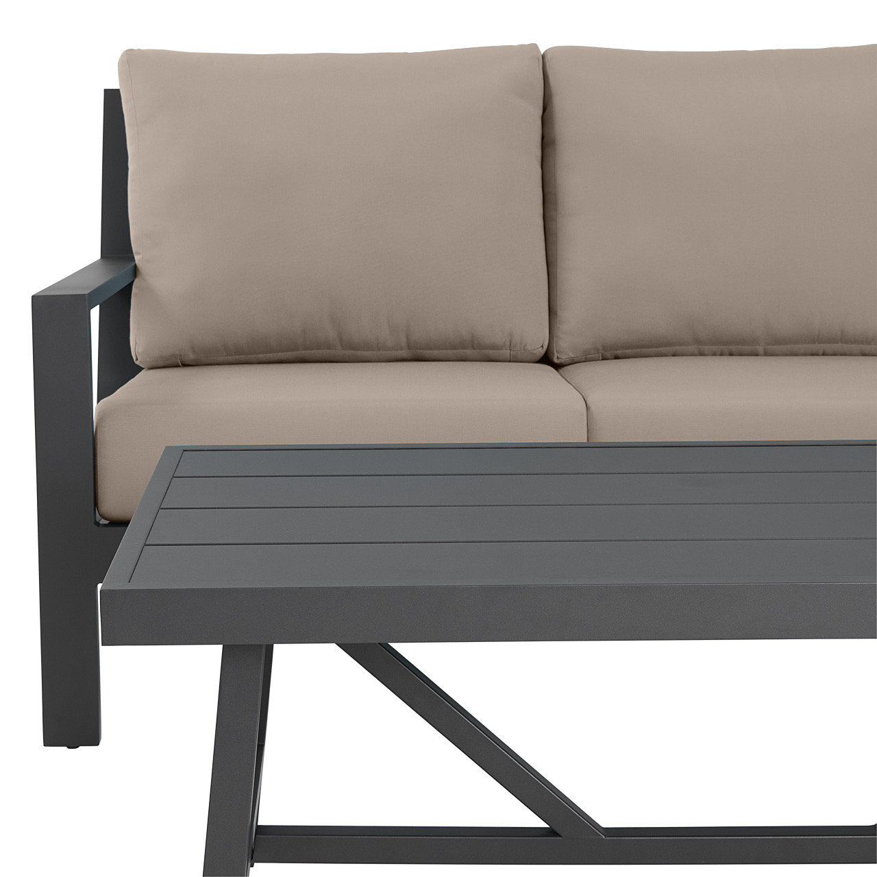 Montecito Charcoal Aluminum with Cushions 3 Piece Swivel Sofa Group + 48 x 26 in. Coffee Table