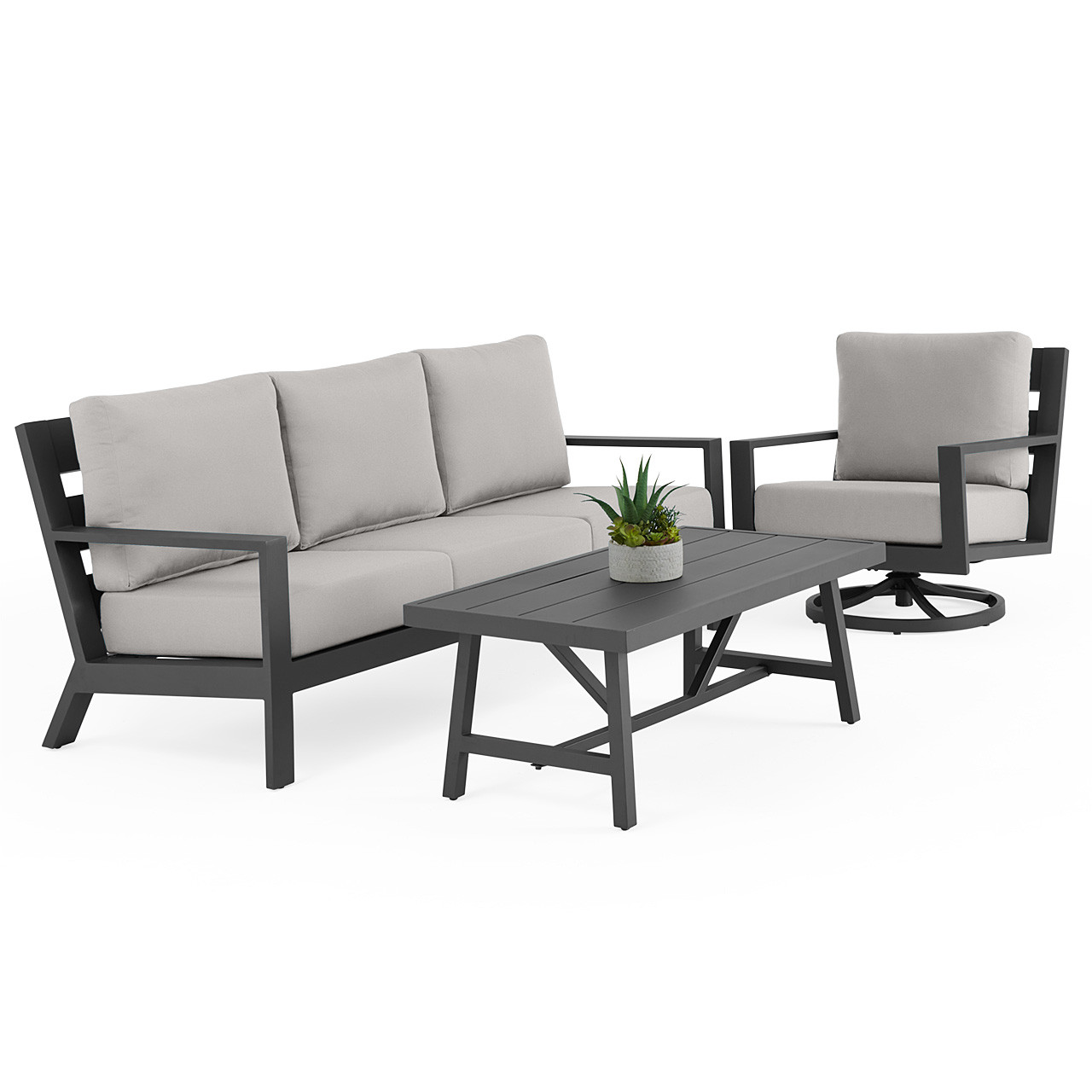 Montecito Charcoal Aluminum with Cushions 3 Piece Swivel Sofa Group + 48 x 26 in. Coffee Table