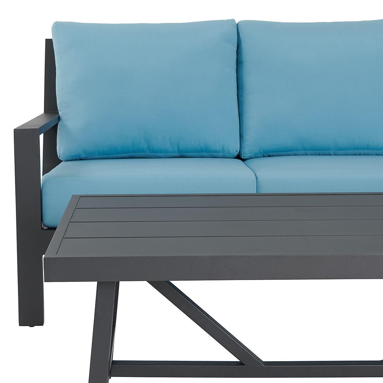 Montecito Charcoal Aluminum with Cushions 4 Piece Swivel Loveseat Group + 48 x 26 in. Coffee Table