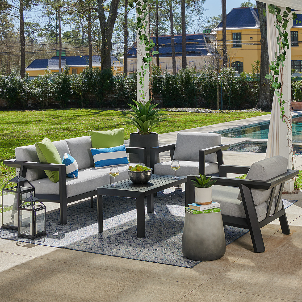 St. Lucia Midnight Aluminum with Cushions 4 Piece Sofa Group + 43