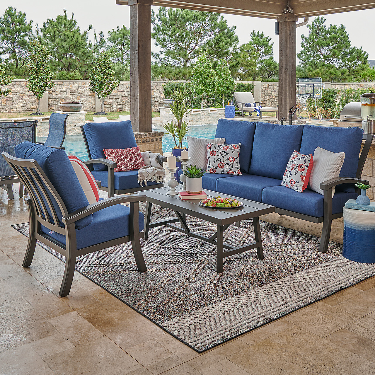 Fairmont Aged Bronze Aluminum with Cushions 4 Piece Sofa Group + 48 x 26 in. Coffee Table
