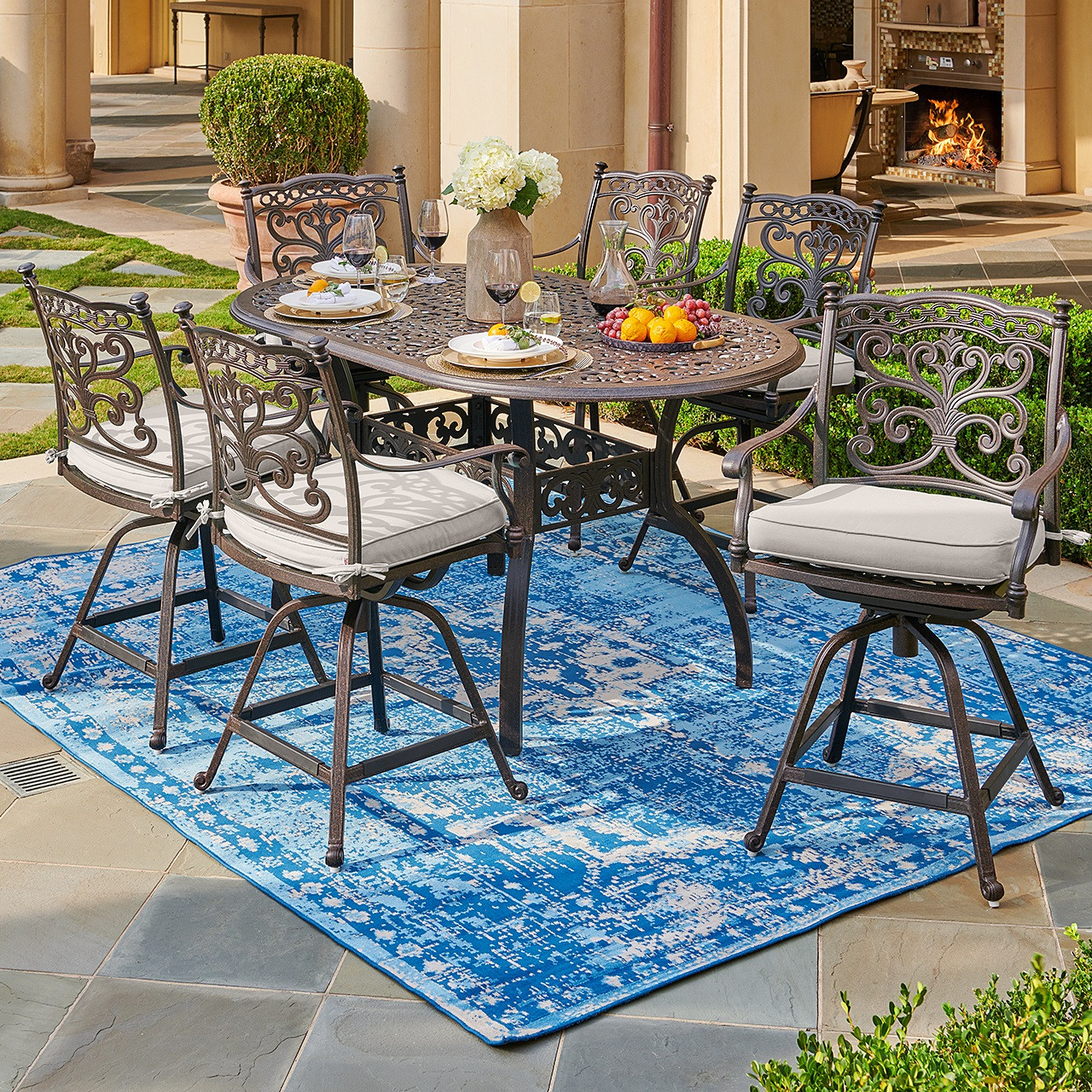 Milan Aged Bronze Cast Aluminum with Cushions Piece Swivel Gathering Height Dining Set 72 x 42 D Table