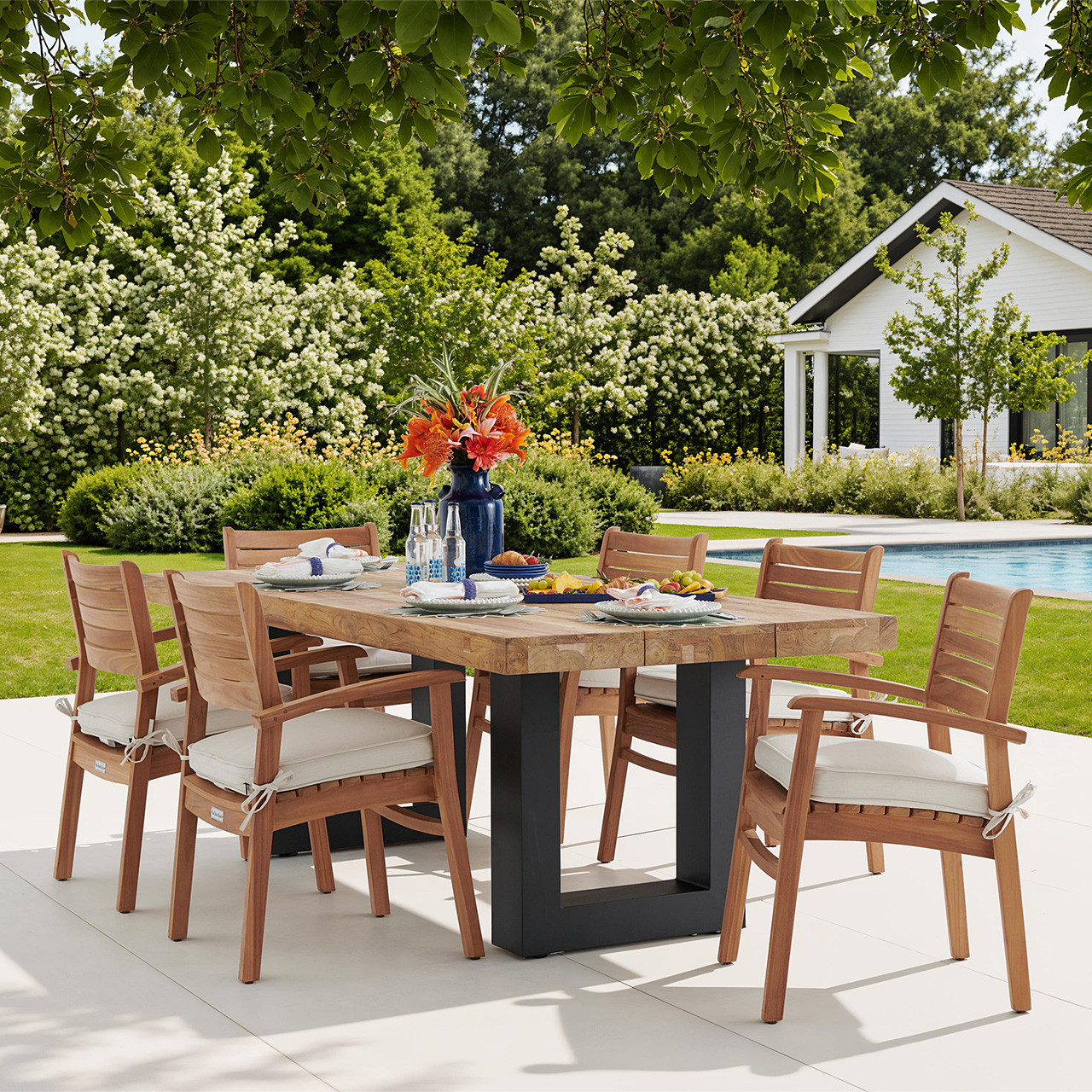 Warwick Teak with Cushions 7 Piece Dining Set + Balencia 84 x 40 in. Table