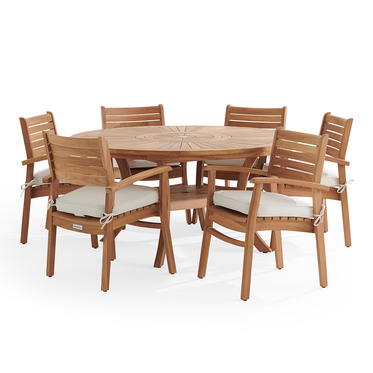 Warwick Teak with Cushions 7 Piece Dining Set + Bristol 59 in. D Table