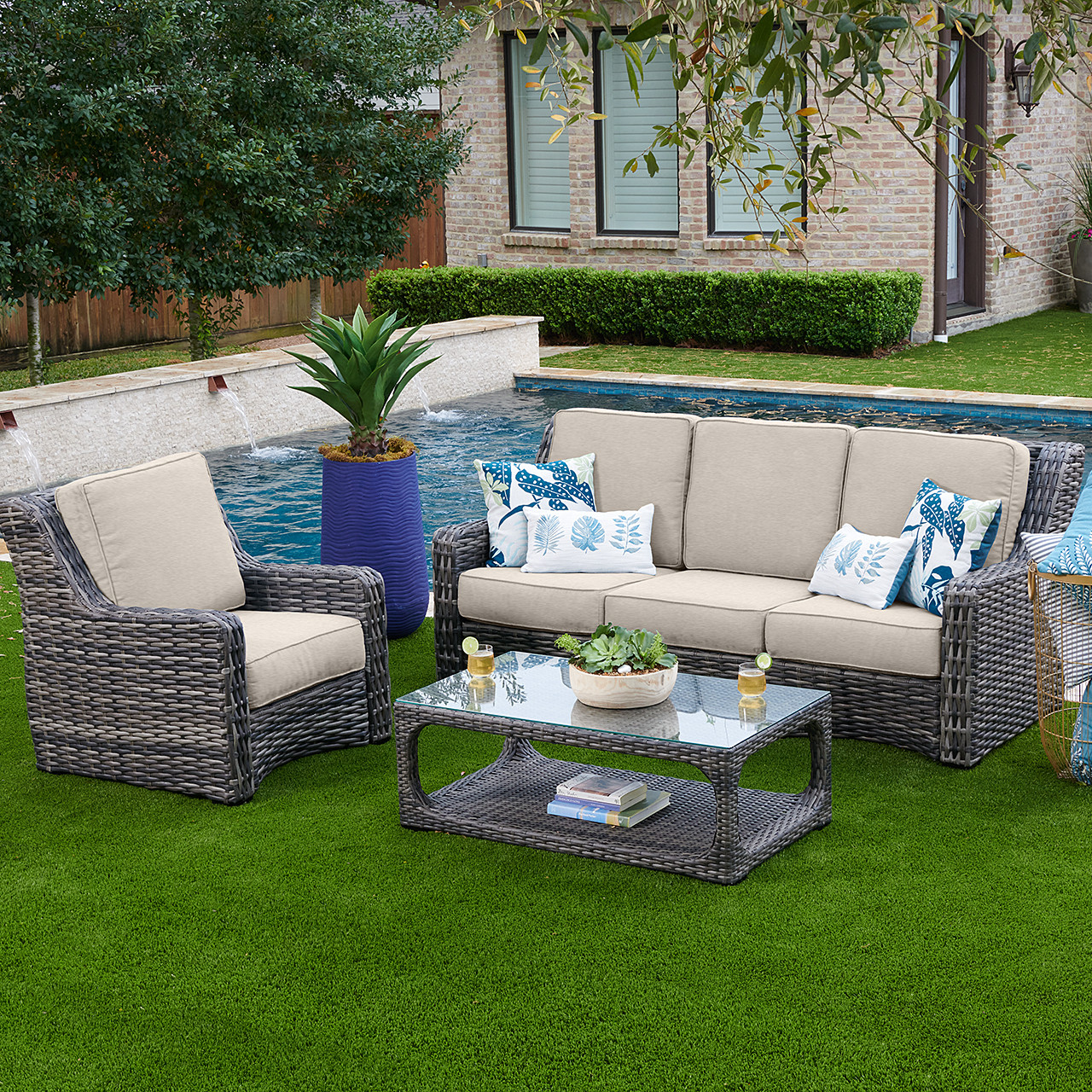 Tangiers Canola Seed Outdoor Wicker and Charmer Limestone Cushions 3 Piece Sofa Group + 46 x 26 in. Coffee Table