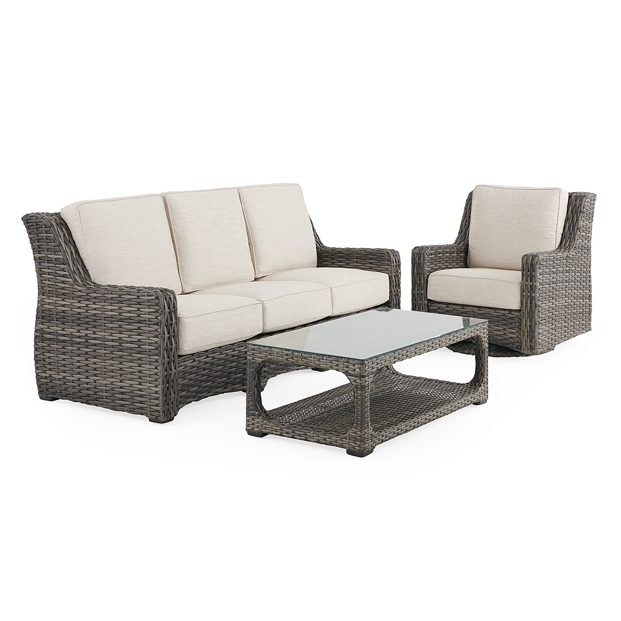 Tangiers Canola Seed Outdoor Wicker and Charmer Limestone Cushions 3 Piece Swivel Sofa Group + 46 x 26 in. Coffee Table Tangiers Canola Seed Outdoor Wicker and Charmer Limestone Cushions 3 Piece Swivel Sofa Group + 46 x 26 in. Coffee Table