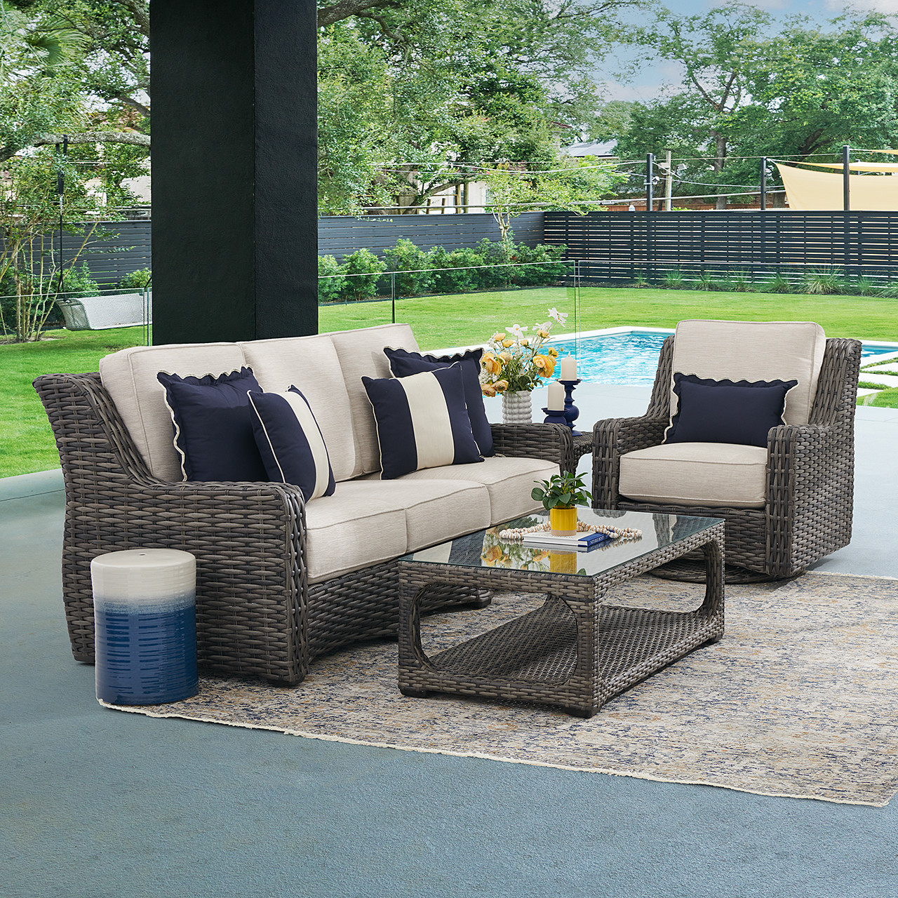 Tangiers Canola Seed Outdoor Wicker and Charmer Limestone Cushions 3 Piece Swivel Sofa Group + 46 x 26 in. Coffee Table Tangiers Canola Seed Outdoor Wicker and Charmer Limestone Cushions 3 Piece Swivel Sofa Group + 46 x 26 in. Coffee Table