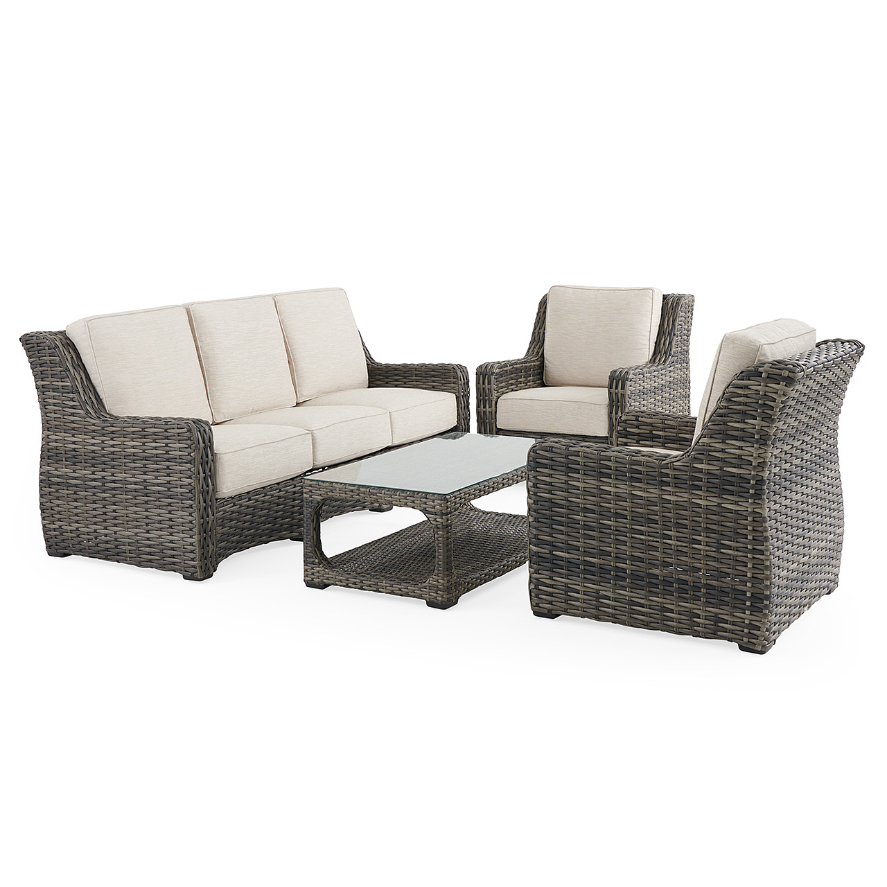 Tangiers Canola Seed Outdoor Wicker and Charmer Limestone Cushions 4 Piece Sofa Group + 46 x 26 in. Coffee Table