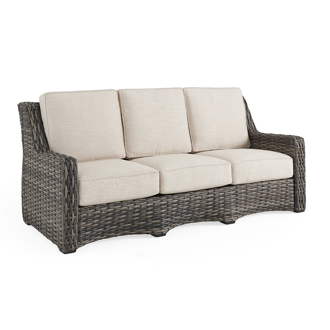 Tangiers Canola Seed Outdoor Wicker and Charmer Limestone Cushions 4 Piece Sofa Group + 46 x 26 in. Coffee Table