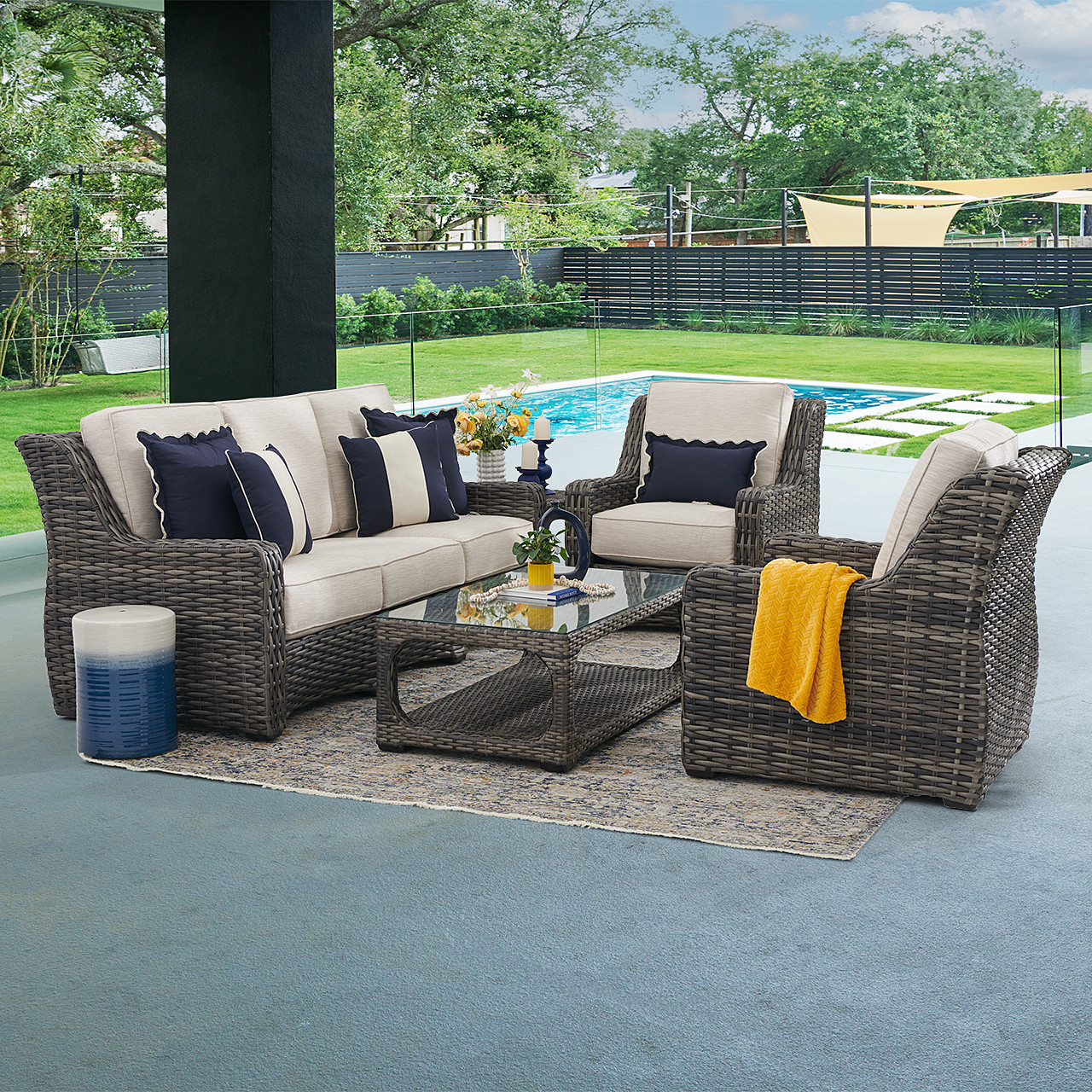 Tangiers Canola Seed Outdoor Wicker and Charmer Limestone Cushions 4 Piece Sofa Group + 46 x 26 in. Coffee Table