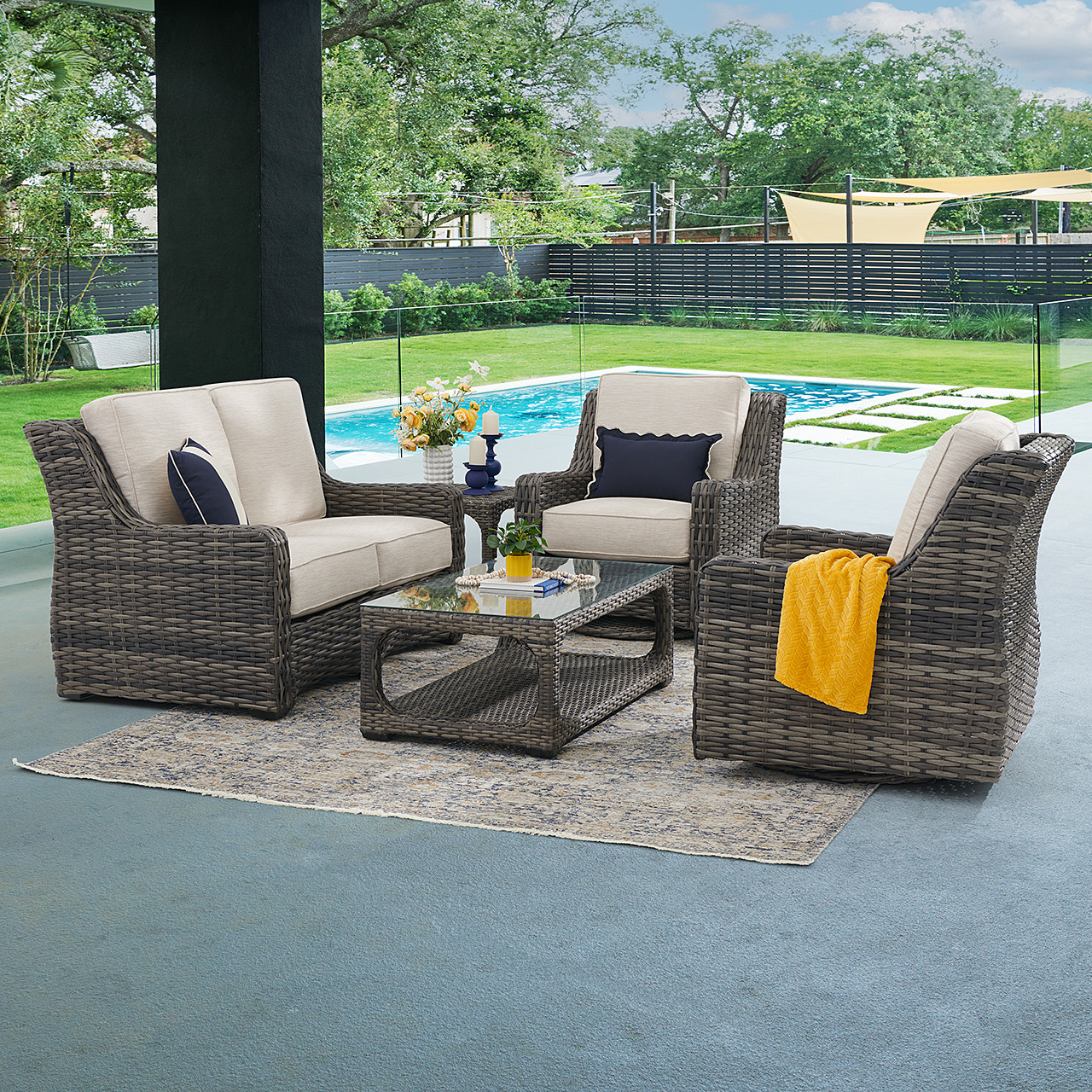 Tangiers Canola Seed Outdoor Wicker and Charmer Limestone Cushions 4 Piece Swivel Loveseat Group + 46 x 26 in. Coffee Table Tangiers Canola Seed Outdoor Wicker and Charmer Limestone Cushions 4 Piece Swivel Loveseat Group + 46 x 26 in. Coffee Table