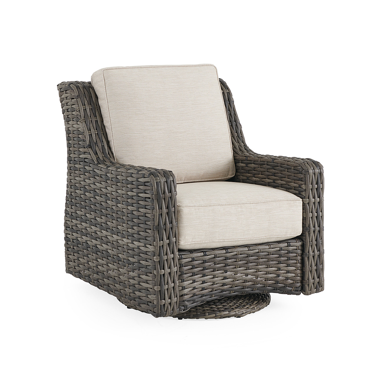 Tangiers Canola Seed Outdoor Wicker and Charmer Limestone Cushions 4 Piece Swivel Sofa Group + 46 x 26 in. Coffee Table