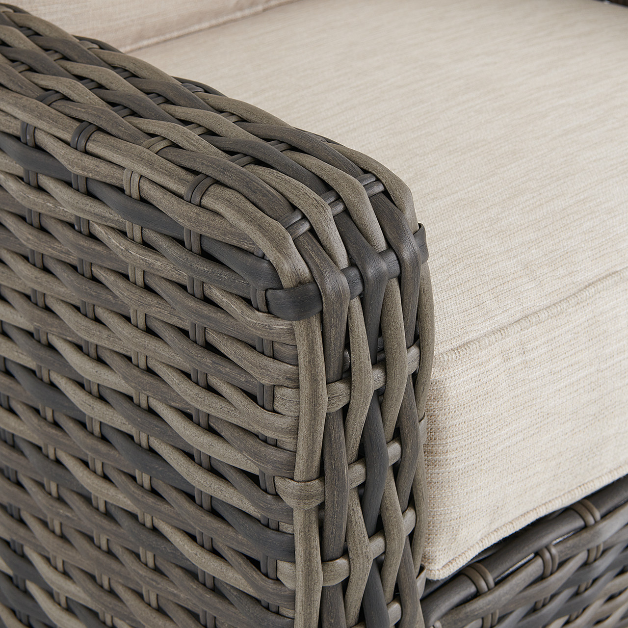 Tangiers Canola Seed Outdoor Wicker with Charmer Limestone Cushions Swivel Glider