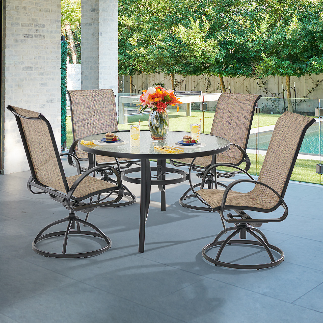 Piece Outdoor Table With Swivel Chairs Araceli Round Bronze Piece