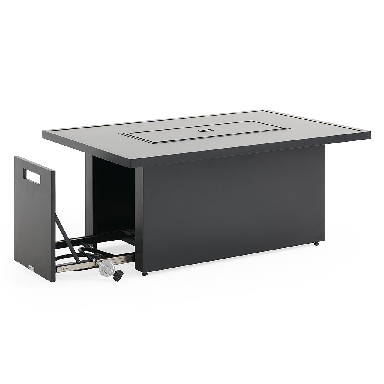 Montecito Charcoal Aluminum with Cushions 3 Piece Sofa Group + 52 x 32 in. Sintered Fire Pit Table