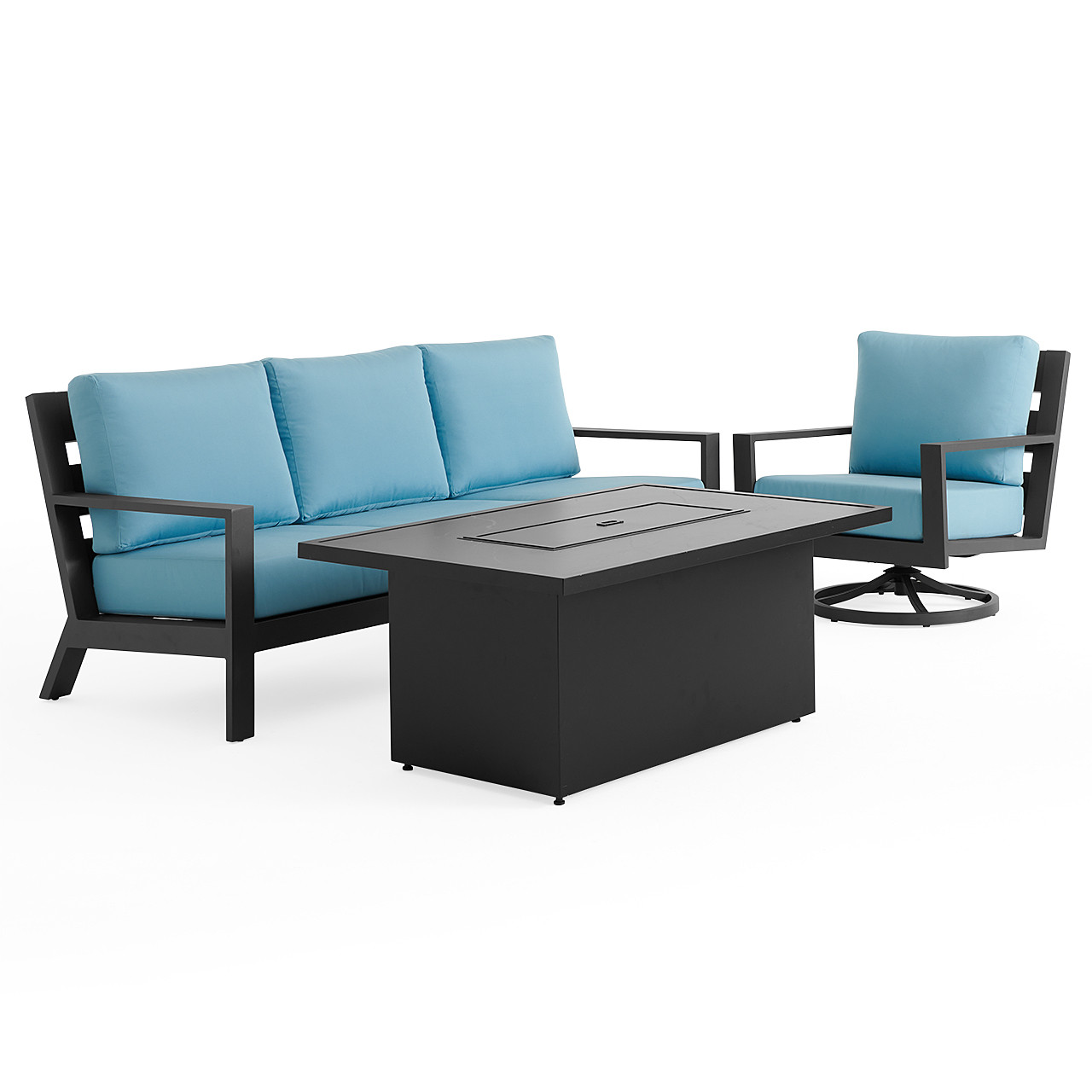 Montecito Charcoal Aluminum with Cushions 3 Piece Swivel Sofa Group + 52 x 32 in. Sintered Fire Pit Table