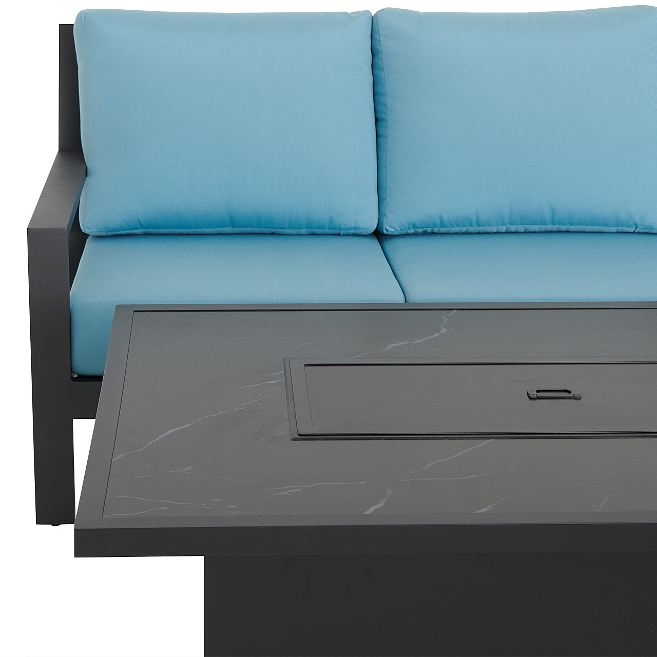 Montecito Charcoal Aluminum with Cushions 3 Piece Swivel Sofa Group + 52 x 32 in. Sintered Fire Pit Table