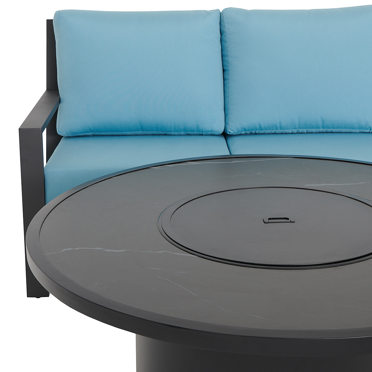 Montecito Charcoal Aluminum with Cushions 4 Piece Swivel Sofa Group + 48 in. D Sintered Fire Pit Table
