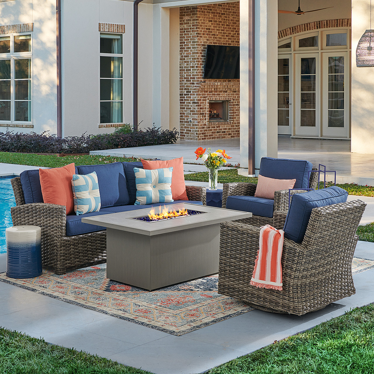 Sonoma Husk Outdoor Wicker with Cushions 4 Piece Swivel Sofa Group + 52 x 32 in. Sintered Fire Pit Table