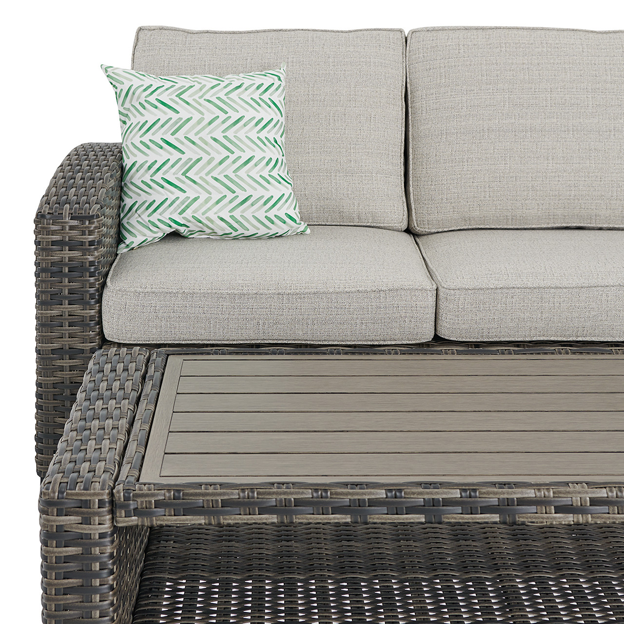 Monaco Silver Oak Outdoor Wicker with Linen Cushions 4 Piece Sofa Group + 44 x 25 in. Coffee Table