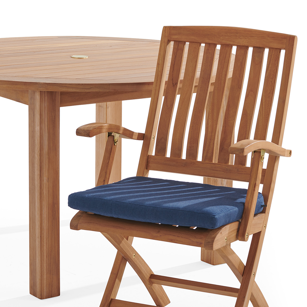 Westport Teak with Cushions 5 Piece Arm Dining Set + Oxford 48 in. D Table