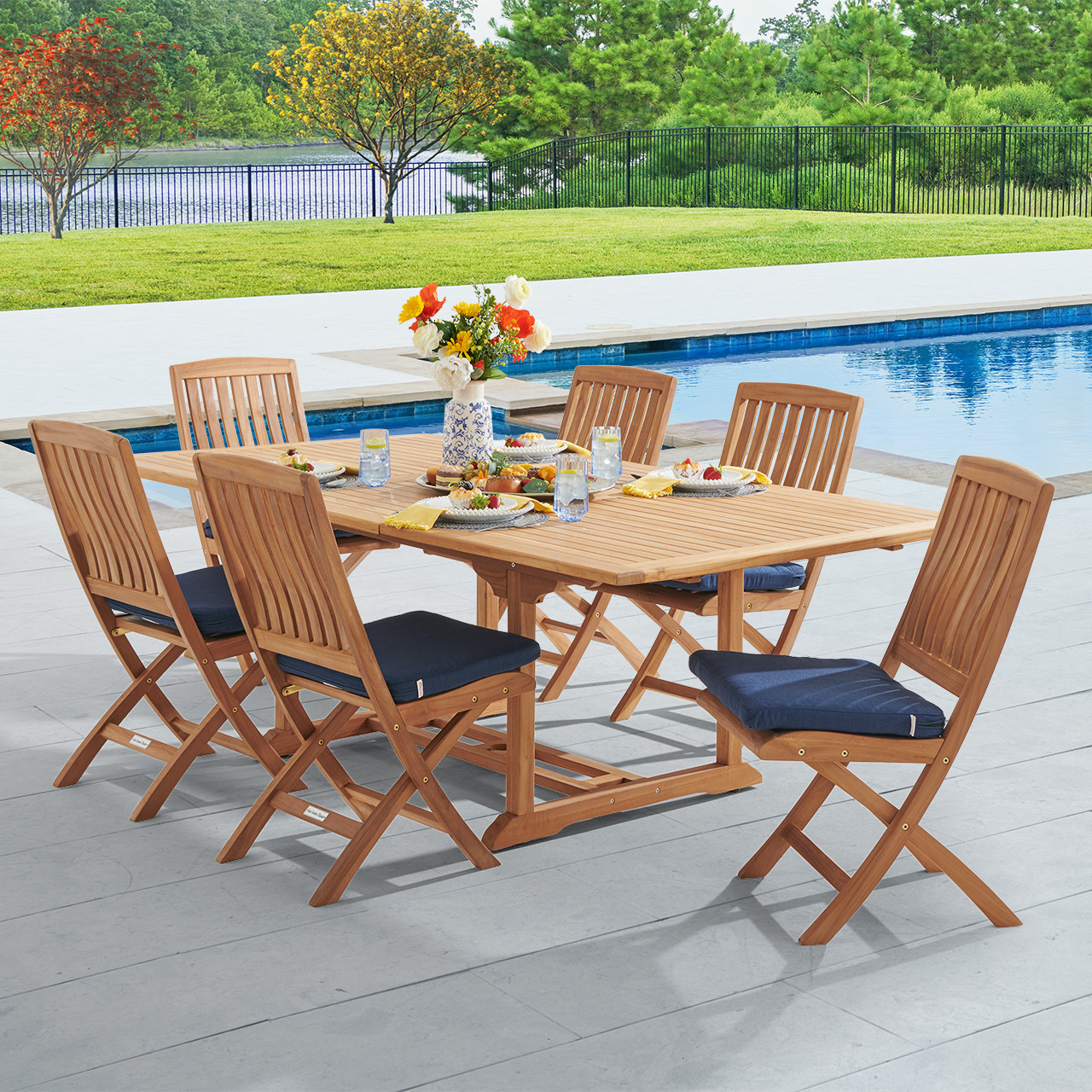 Westport Teak with Cushions 7 Piece Armless Dining Set + Bristol 67-87 x 47 in. Extension Table