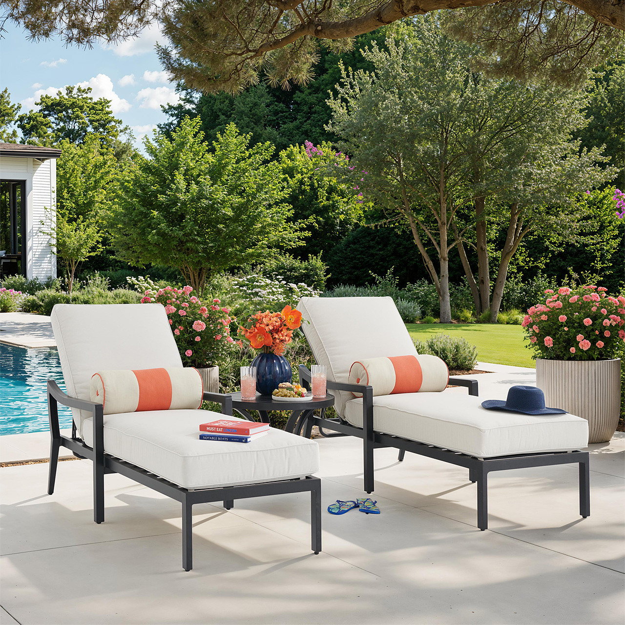 Hill Country Aged Bronze Aluminum and Cushion 3 Piece Chaise Lounge Set + 24 in. D Side Table -