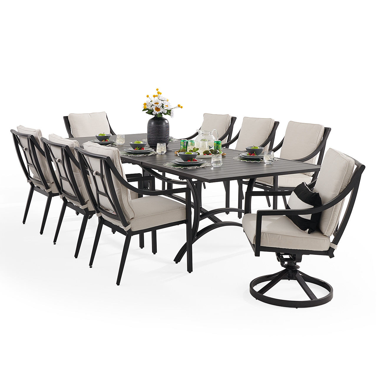 Hill Country Aged Bronze Aluminum and Cushion 9 Piece Combo Dining Set + 88-118 x 48 in. Extension Table