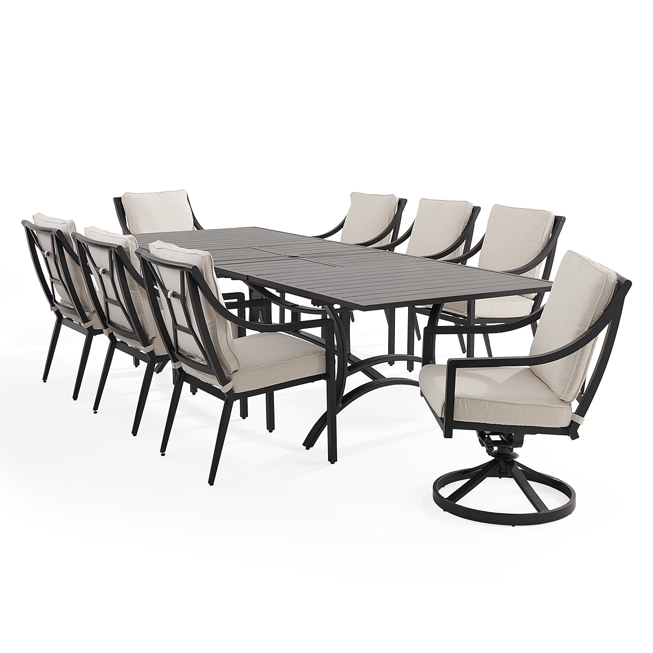 Hill Country Aged Bronze Aluminum and Cushion 9 Piece Combo Dining Set + 88-118 x 48 in. Extension Table