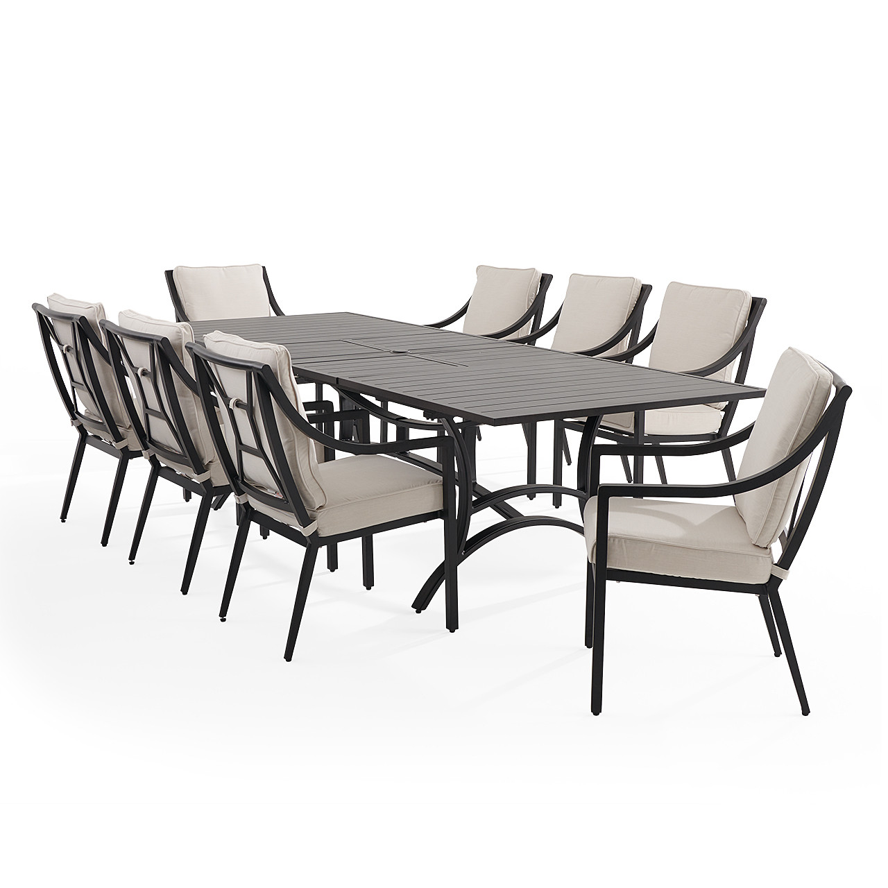 Hill Country Aged Bronze Aluminum and Cushion 9 Piece Dining Set + 88-118 x 48 in. Extension Table