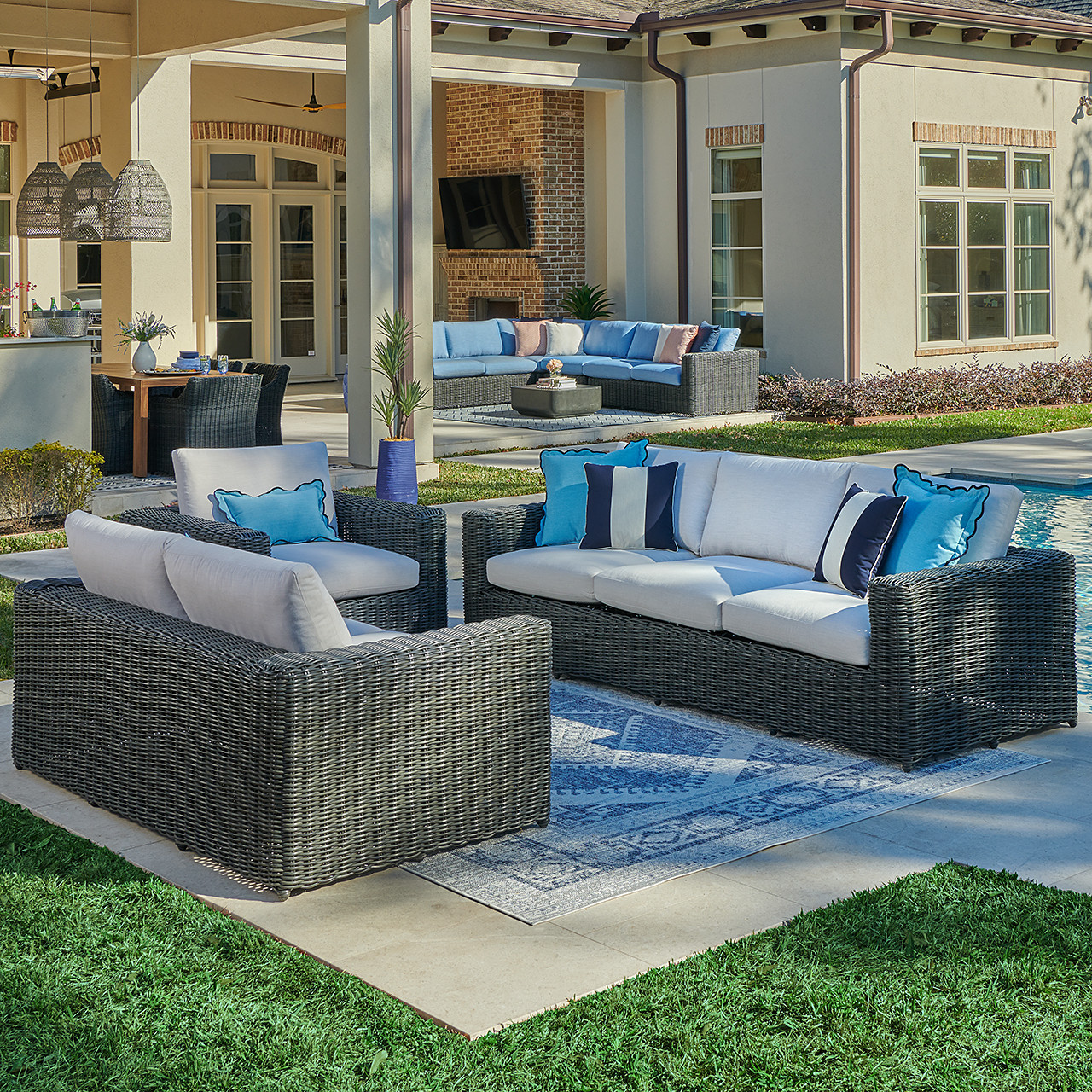 Laguna Smoke Outdoor Wicker with Cushions 3 Piece Swivel Sofa Group + Loveseat and Swivel Glider Club Chair