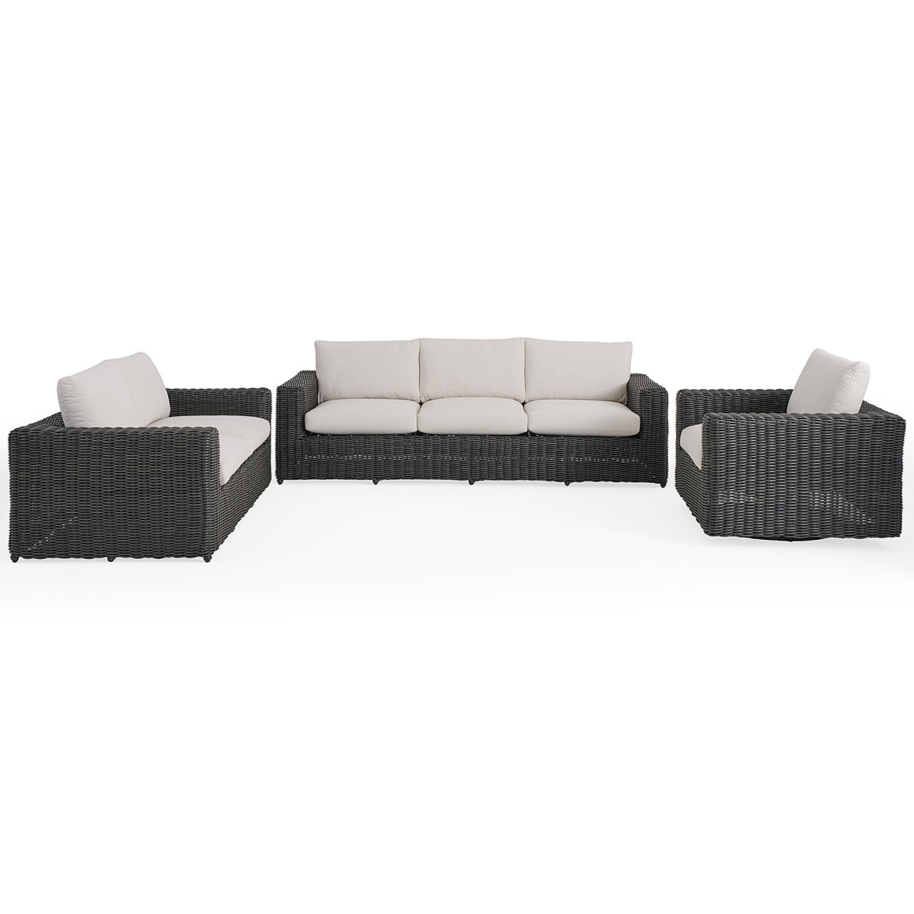 Laguna Smoke Outdoor Wicker with Cushions 3 Piece Swivel Sofa Group + Loveseat and Swivel Glider Club Chair