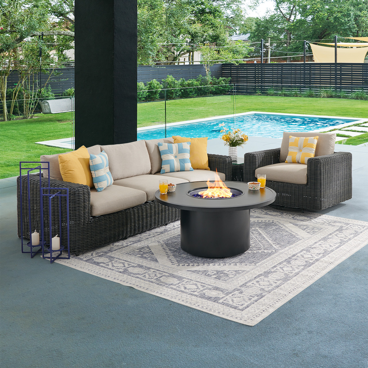 Laguna Smoke Outdoor Wicker with Cushions 3 Piece Swivel Sofa Group + 48 in. D Fire Pit Table