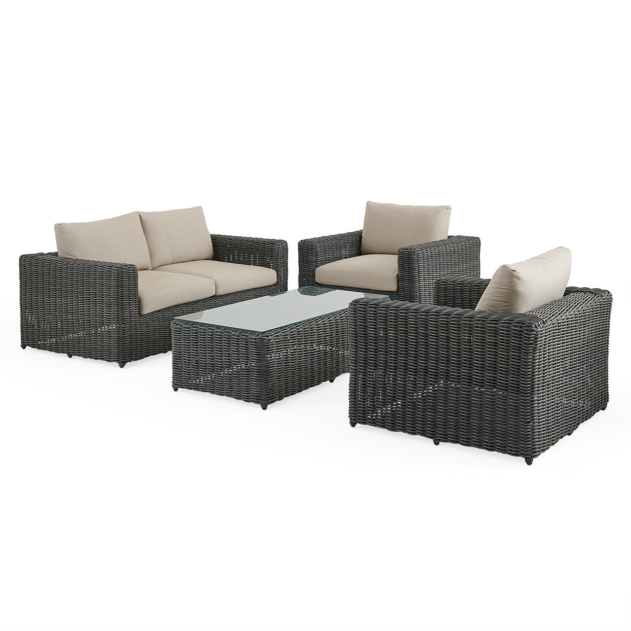 Laguna Smoke Outdoor Wicker with Cushions 4 Piece Loveseat Group + 56 x 29 in. Coffee Table
