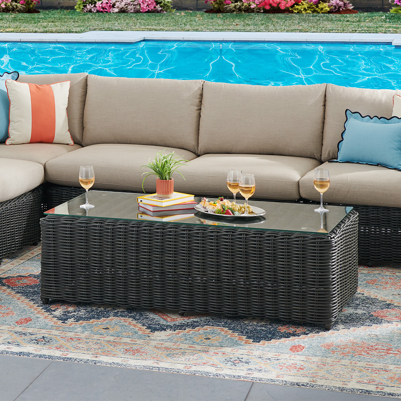 Laguna Smoke Outdoor Wicker with Cushions 4 Piece Sectional + 56 x 29 in. Coffee Table