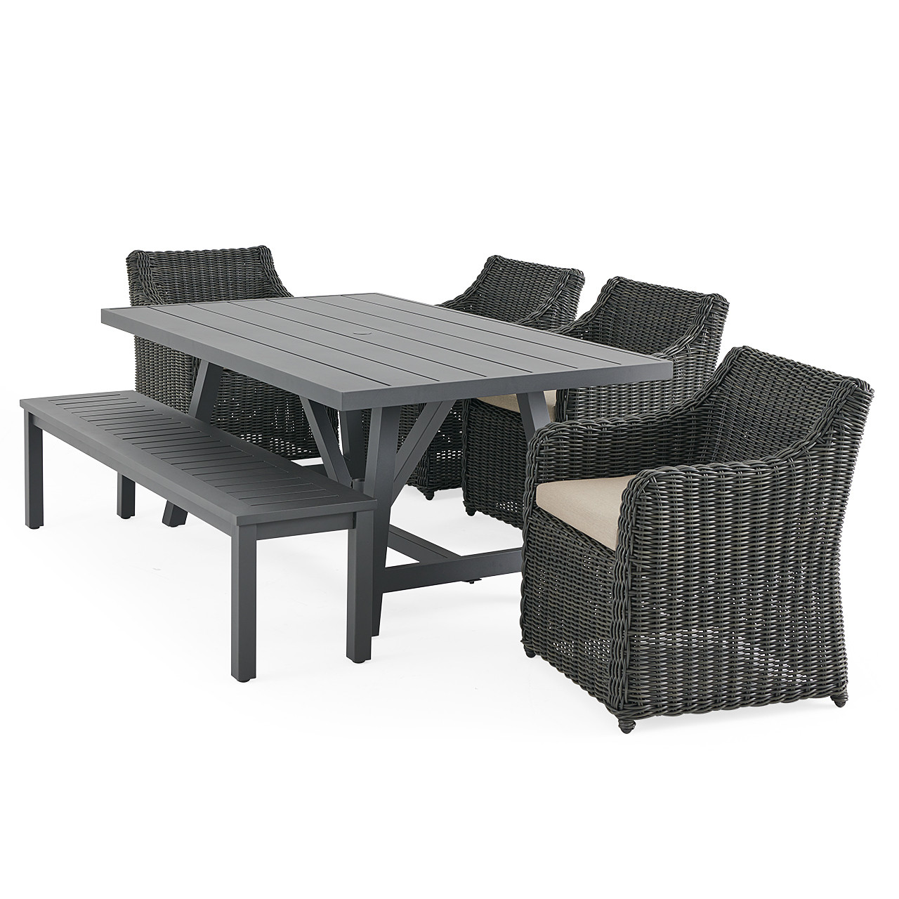 Laguna Smoke Outdoor Wicker with Cushions 6 Piece Bench Dining Set + Montecito 70 x 40 in. Table