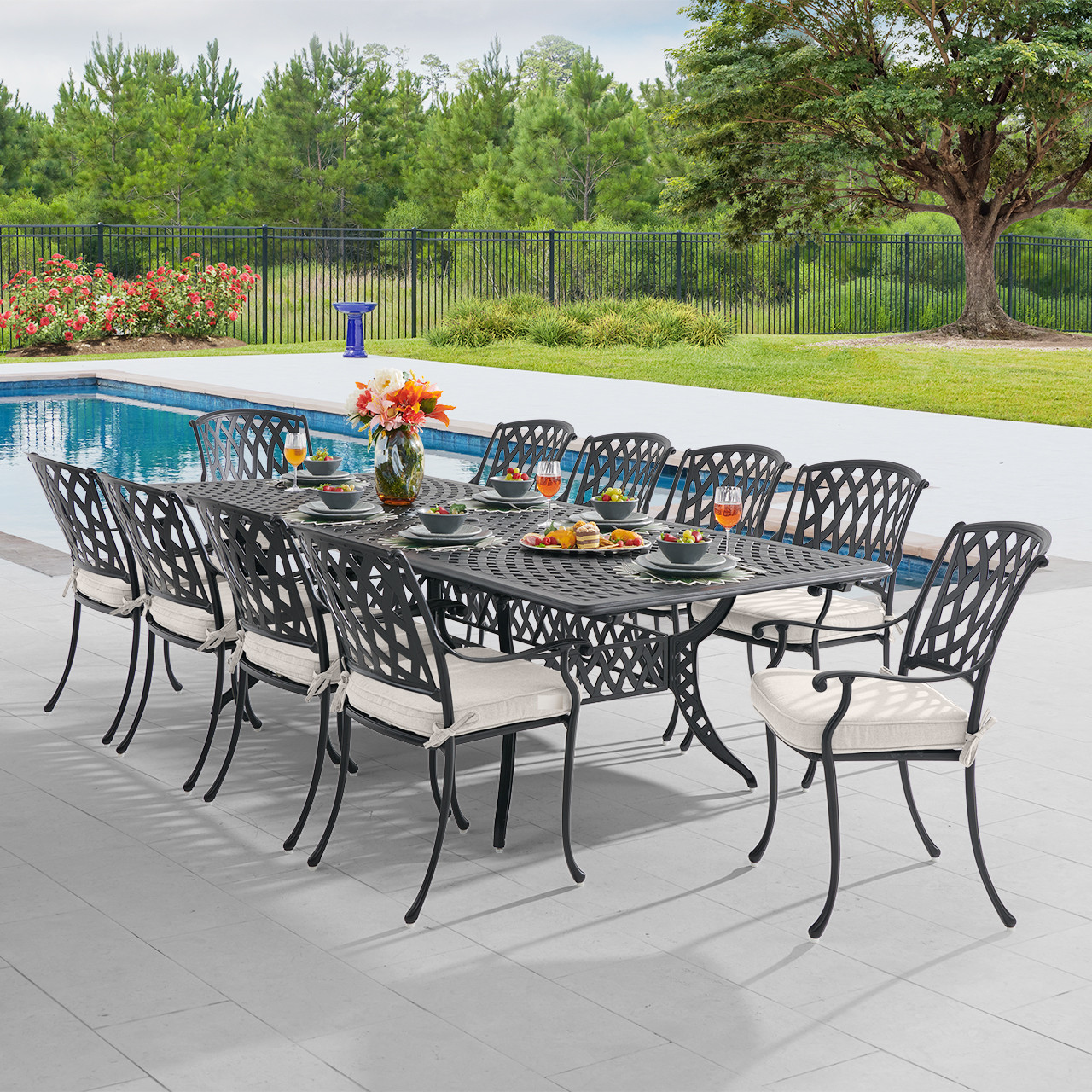 Tivoli Matte Black Cast Aluminum with Cushions 11 Piece Dining Set + 71-103 x 44 in. Extension Table