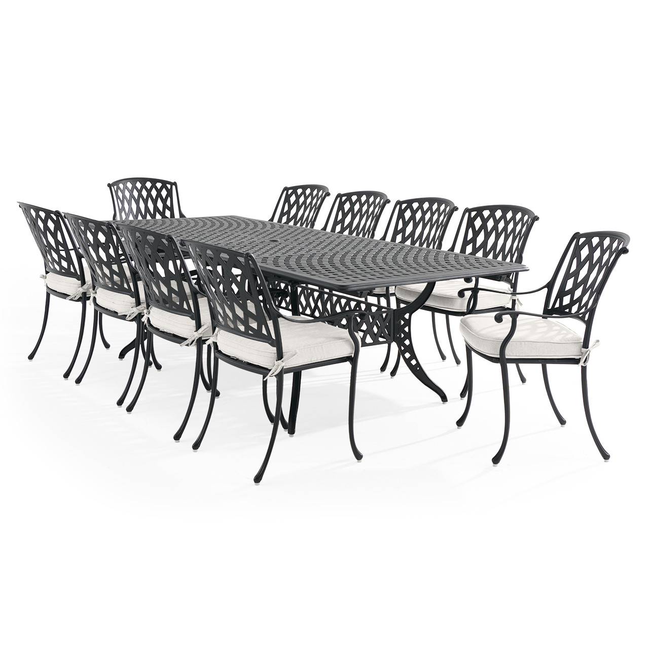 Tivoli Matte Black Cast Aluminum with Cushions 11 Piece Dining Set + 71-103 x 44 in. Extension Table