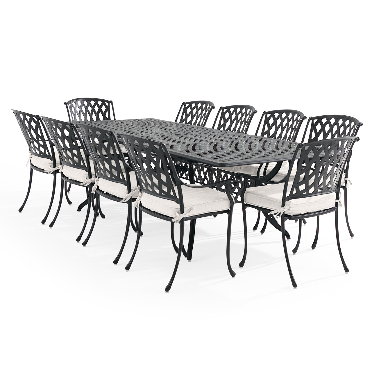 Tivoli Matte Black Cast Aluminum with Cushions 11 Piece Dining Set + 71-103 x 44 in. Extension Table