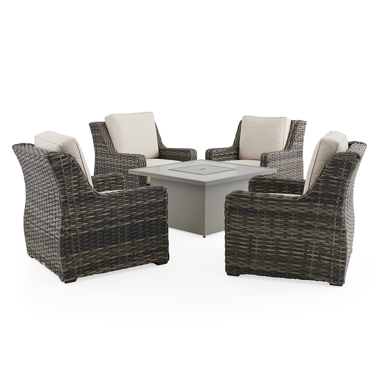Tangiers Canola Seed Outdoor Wicker and Charmer Limestone Cushions 5 Piece Chat Set + 42 in. Sq. Fire Pit Table