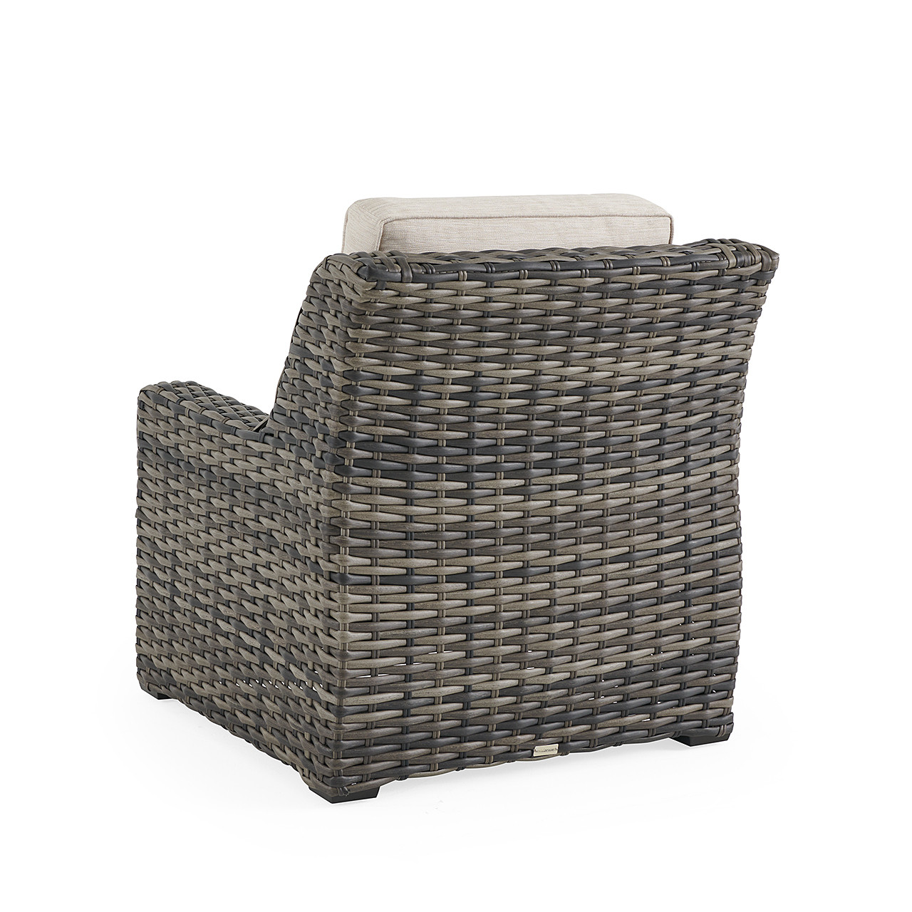 Tangiers Canola Seed Outdoor Wicker and Charmer Limestone Cushions 5 Piece Chat Set + 42 in. Sq. Fire Pit Table