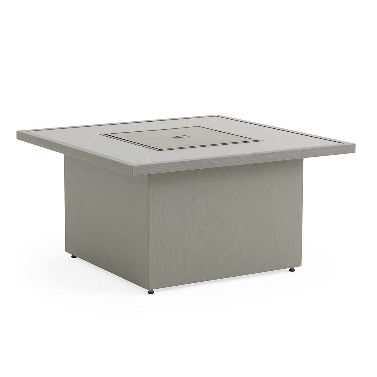 Tangiers Canola Seed Outdoor Wicker and Charmer Limestone Cushions 5 Piece Chat Set + 42 in. Sq. Fire Pit Table