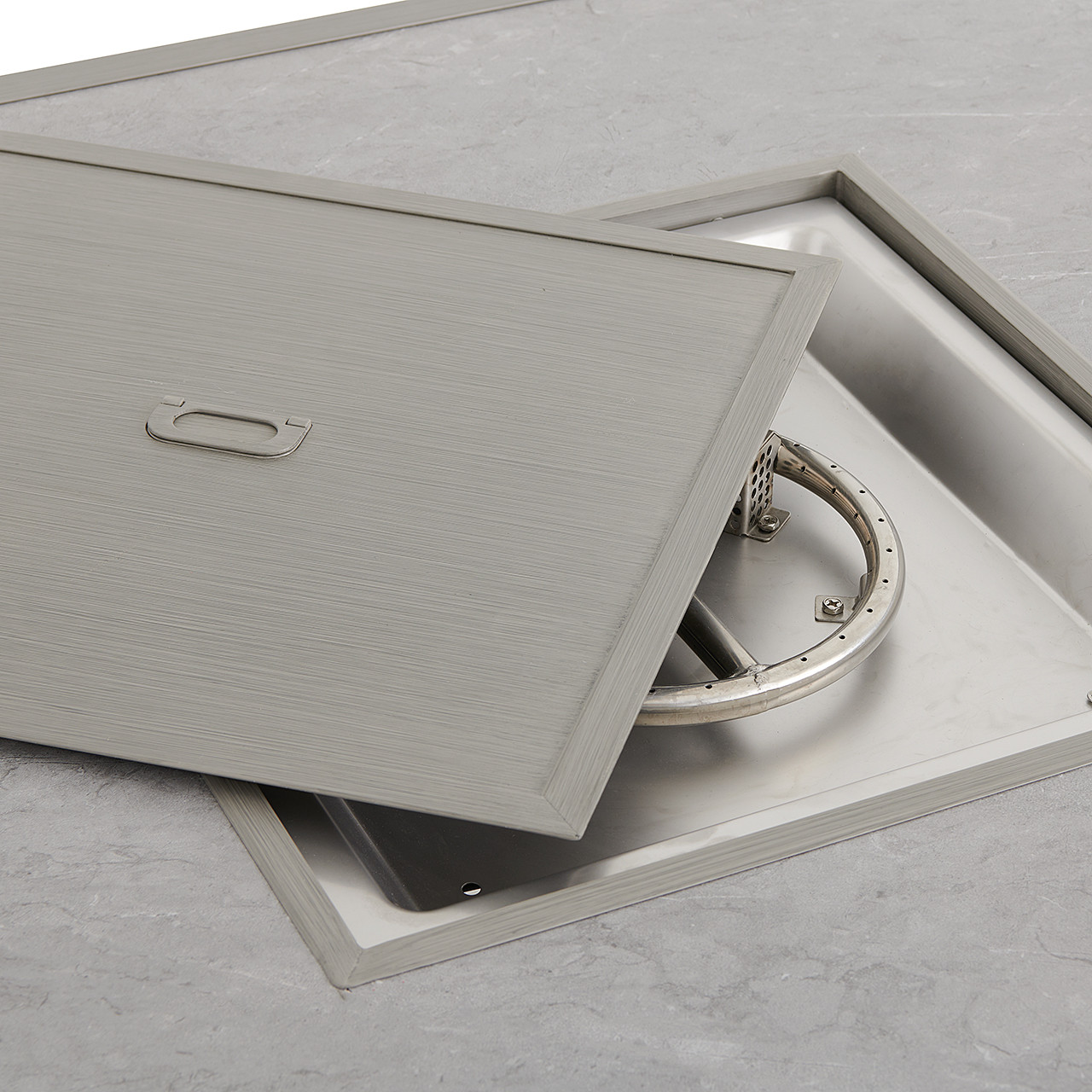 Tangiers Canola Seed Outdoor Wicker and Charmer Limestone Cushions 5 Piece Chat Set + 42 in. Sq. Fire Pit Table