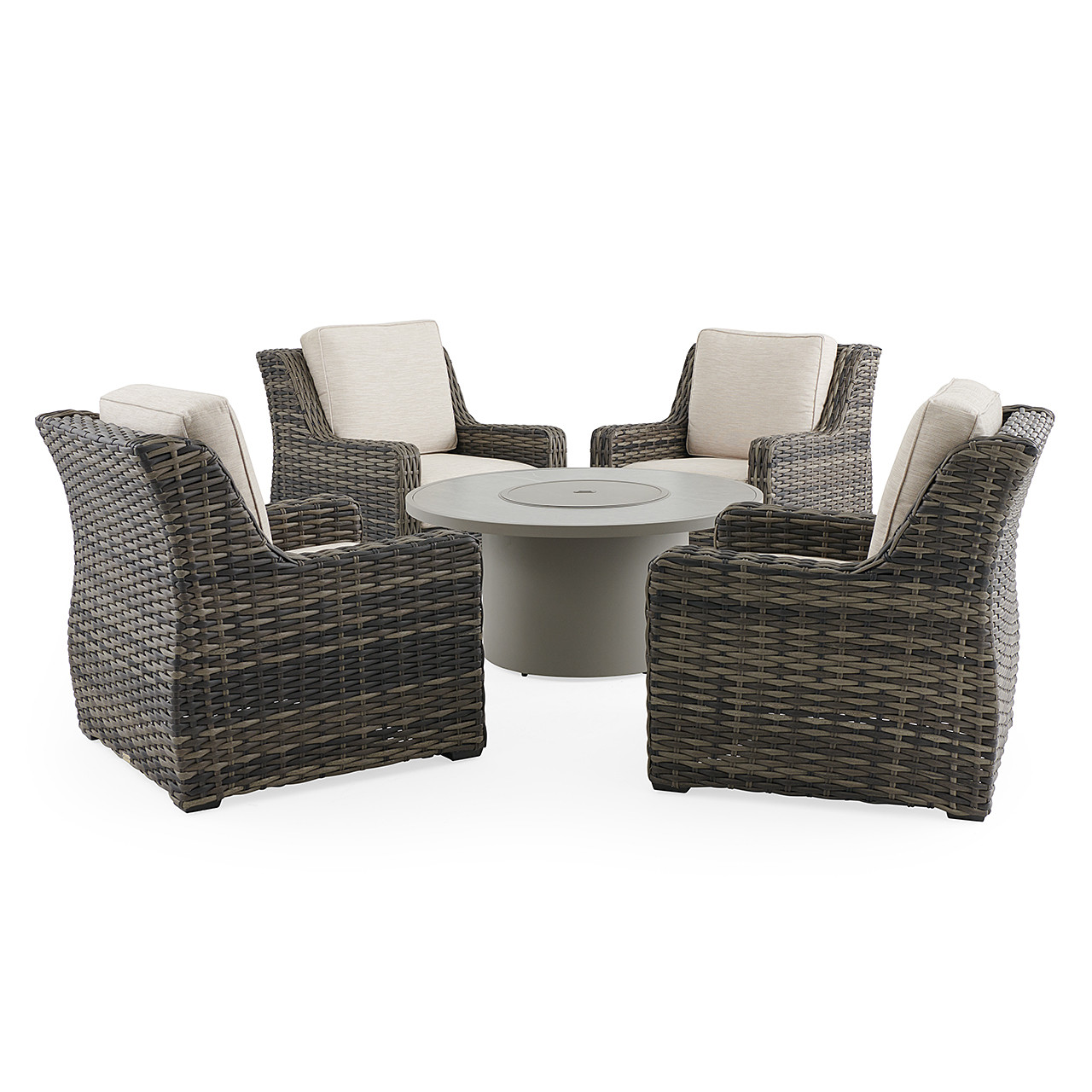 Tangiers Canola Seed Outdoor Wicker and Charmer Limestone Cushions 5 Piece Chat Set + 48 in. D Fire Pit Table