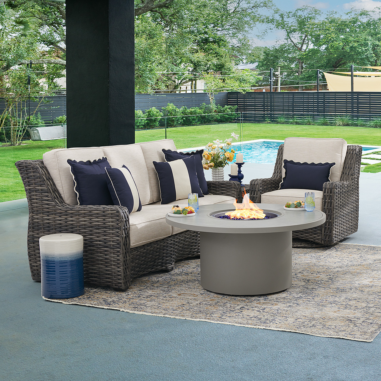 Tangiers Canola Seed Outdoor Wicker and Charmer Limestone Cushions 3 Piece Swivel Sofa Group + 48 in. D Fire Pit Table