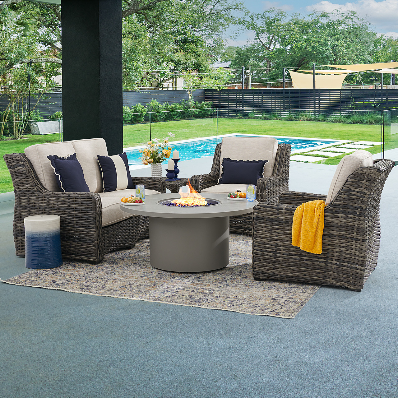 Tangiers Canola Seed Outdoor Wicker and Charmer Limestone Cushions 4 Piece Loveseat Group + 48 in. D Fire Pit Table