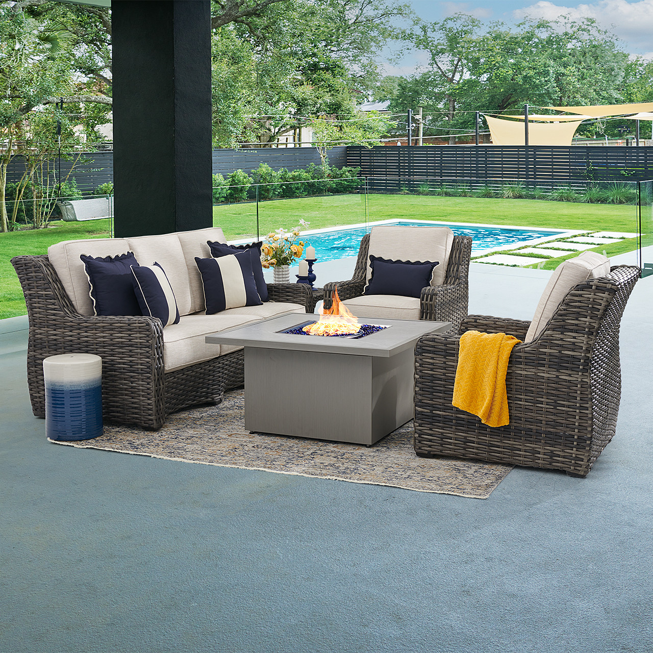 Tangiers Canola Seed Outdoor Wicker and Charmer Limestone Cushions 4 Piece Sofa Group + 42 in. Sq. Fire Pit Table